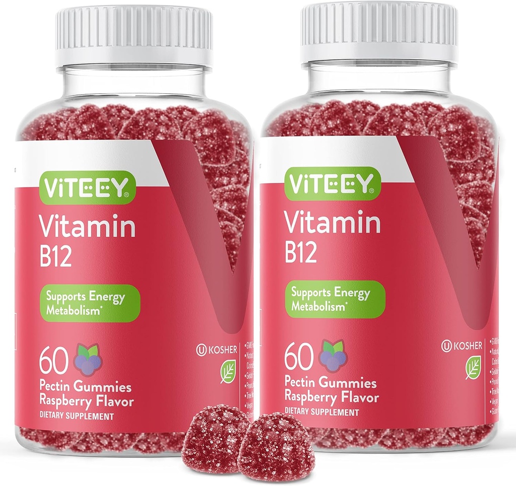 VITEEY Vitamine B12 Gummies - Cognitieve ondersteuning en energie Gummies - Veganistisch, Gelatinevrij, Glutenvrij - 60 Tel.