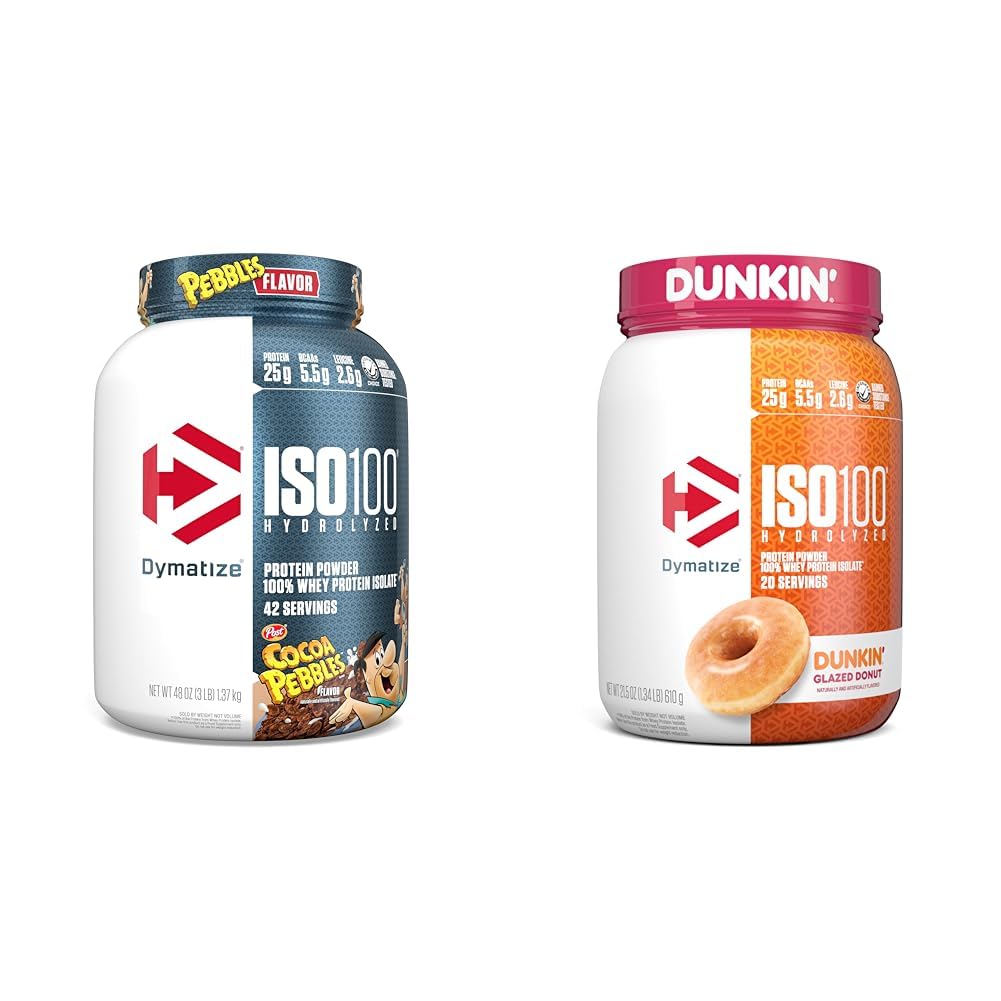 Dymatize ISO100 Gehydrolyseerd Proteïnepoeder, 100% Wei Isolaat, 25g Proteïne, 5.5g BCAA's & ISO100 Gehydrolyseerd Proteïnepoeder, 100% Wei Isolaat, Dunkin' Geglazuurde Donut Flavor