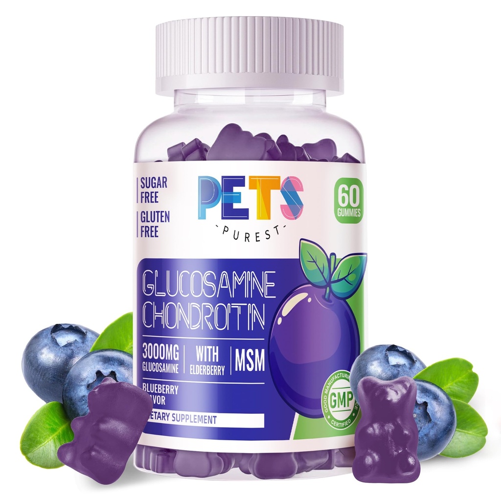 Huisdieren Zuiverste Glucosamine Chondroitin Gummies met MSM & Vlierbes Extra sterkte - Gezamenlijke ondersteuning, Antioxidant Immune Ondersteuning Supplement voor volwassenen, mannen & vrouwen.60 Blueberry Gummies