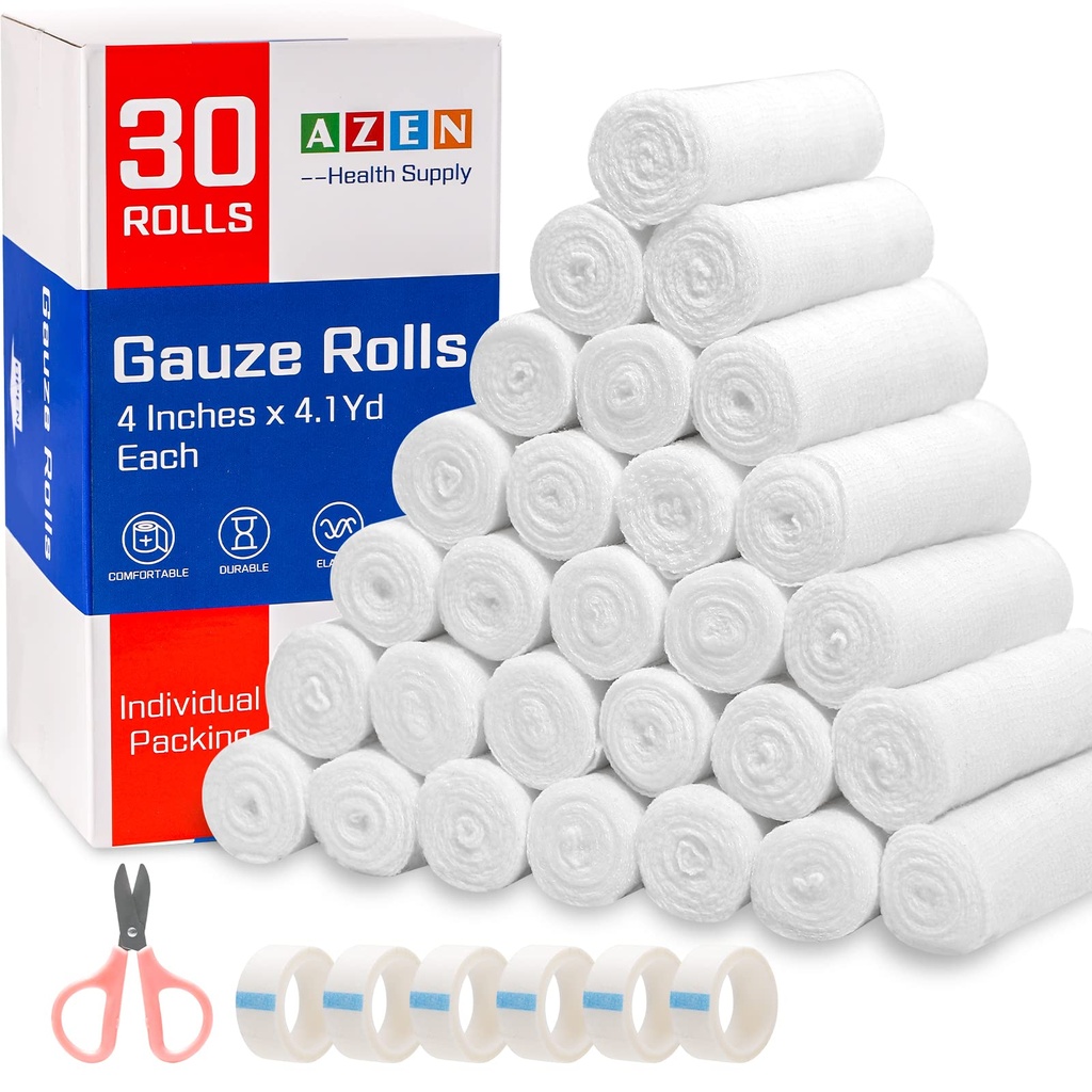 AZEN 30 Pack Gauze Rolls Bandages, 4 in x 4.1 Yards, Premium Medical Supplies & EHBO Supplies, Bandage Wrap Vet Wrap, Mama Wraps