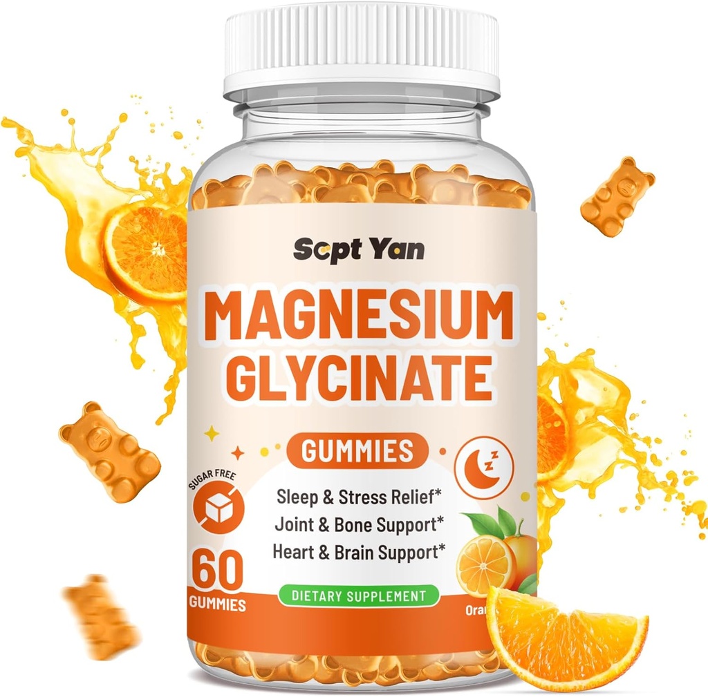 Magnesium Gummies voor volwassenen - Magnesium Glycinate Supplement met Vitamine B6, L-theanine, Vitamine D, CoQ10 - Magnesium Comlex Gummies voor Mood, Bone & Muscle, Sugar Free Orange Flavor 60 ct