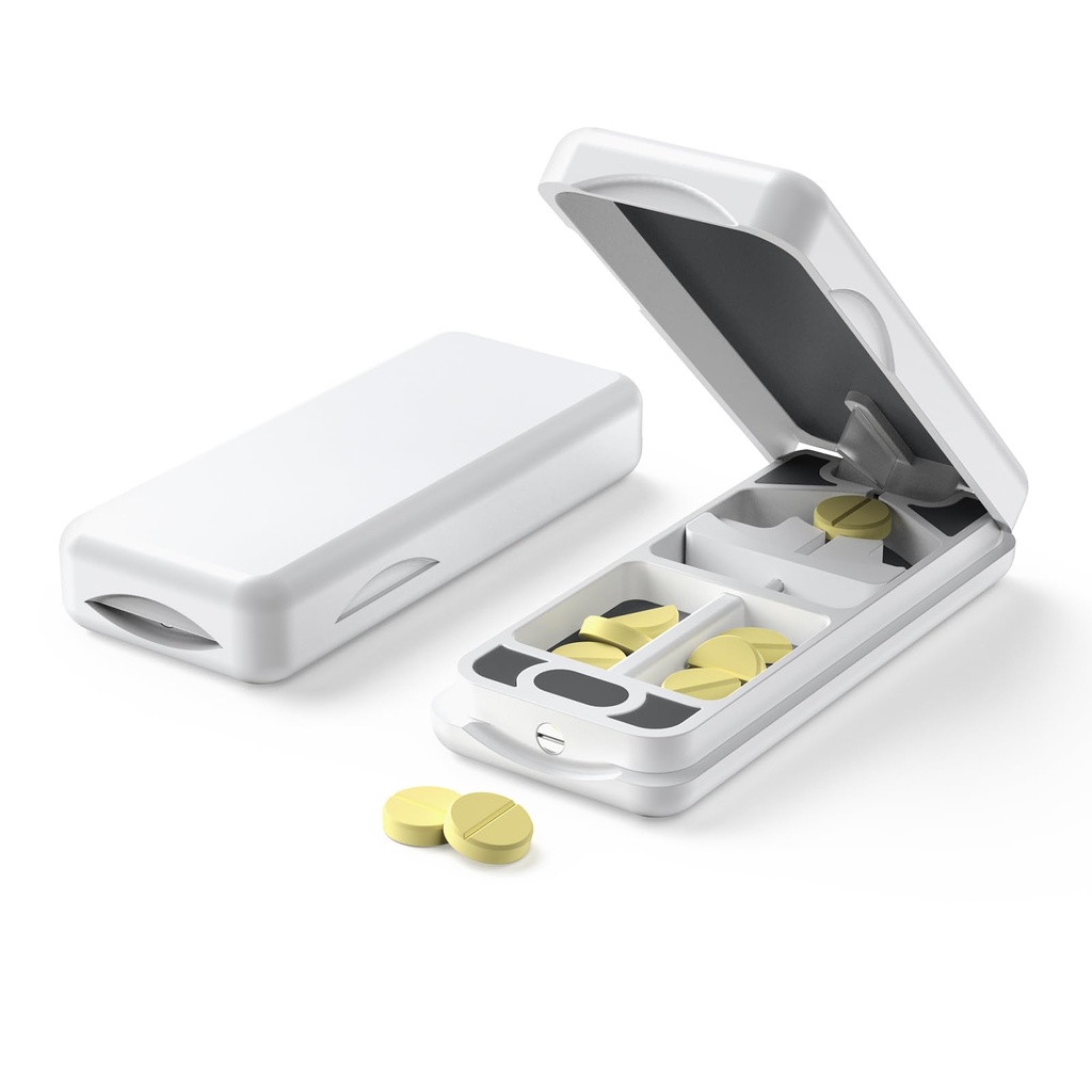 Pill Cutter met Auto Centering Device, Aluminium Pill Splitter met 316L Stainless Blade, Originele Lederen Case, Professionele Pill Splitter voor het snijden van kleine pillen of grote pillen(Plastic,White)