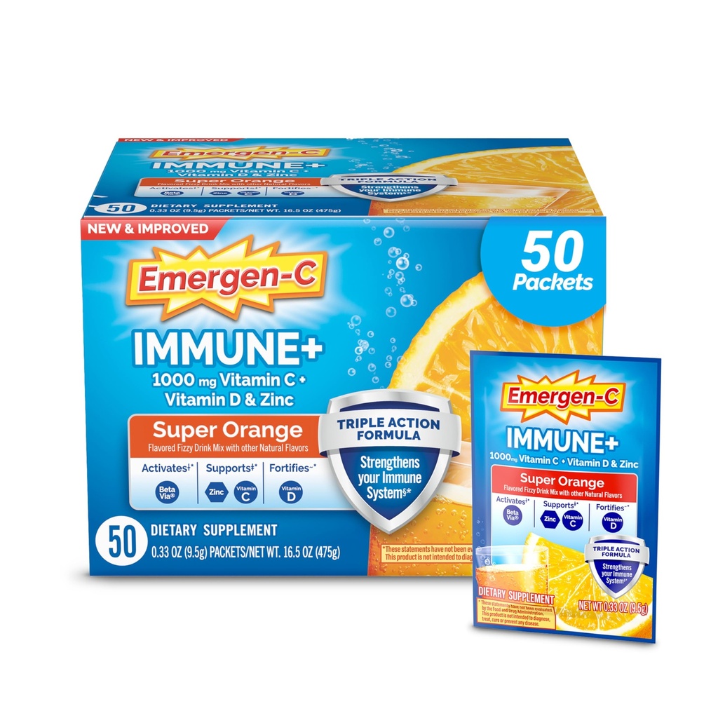 Emergen-C Immune+ Triple Action Immune Support Powder, BetaVia (R), 1000mg Vitamine C, B Vitaminen, Vitamine D en Antioxidanten, Super Oranje, Terug naar School Essentials