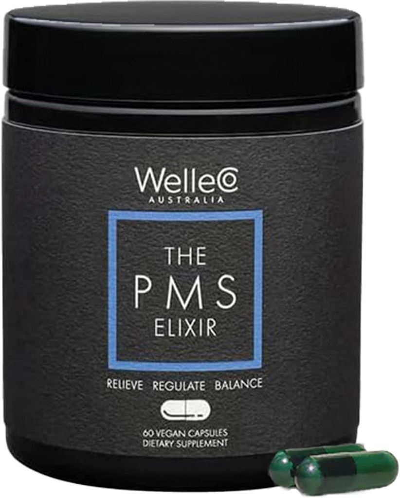 WelleCo Het PMS Elixir Premenstruele Ondersteuning Supplement voor vrouwen, Magnesium en Ashwagandha Capsules met ijzer, jodium, Broccoli Spruitjes, Vitex, Chroom & B Vitaminen, Vegan & Glutenvrij, 60 Capsules