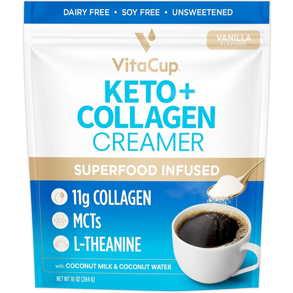 VitaCup Keto + Collageen Coffee Creamer Vanille smaak met MCT, Collageen Proteïne, Kokoswater, L-Theanine voor Keto Dieet, Gebruik in koffie, Smoothies, & Shakes, Dairy-Free, Gluten-Free, Soy-Free, 10oz