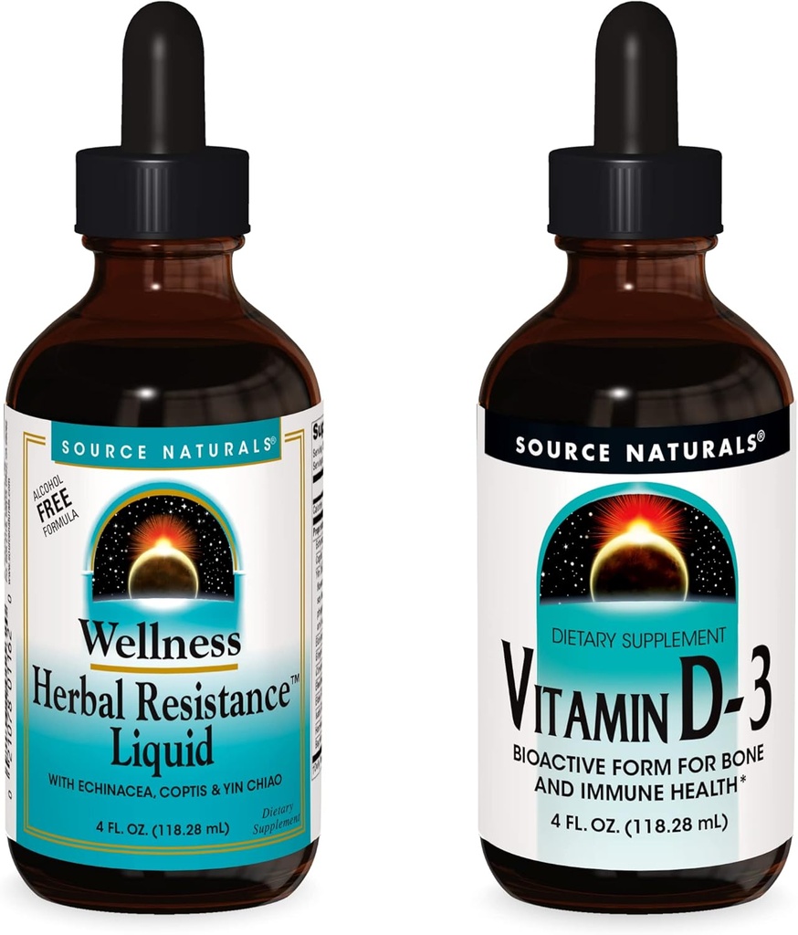 Bron Naturals Liquid Supplements, Herbal Resistance en 2000 ie vitamine D-3-4 oz flessen