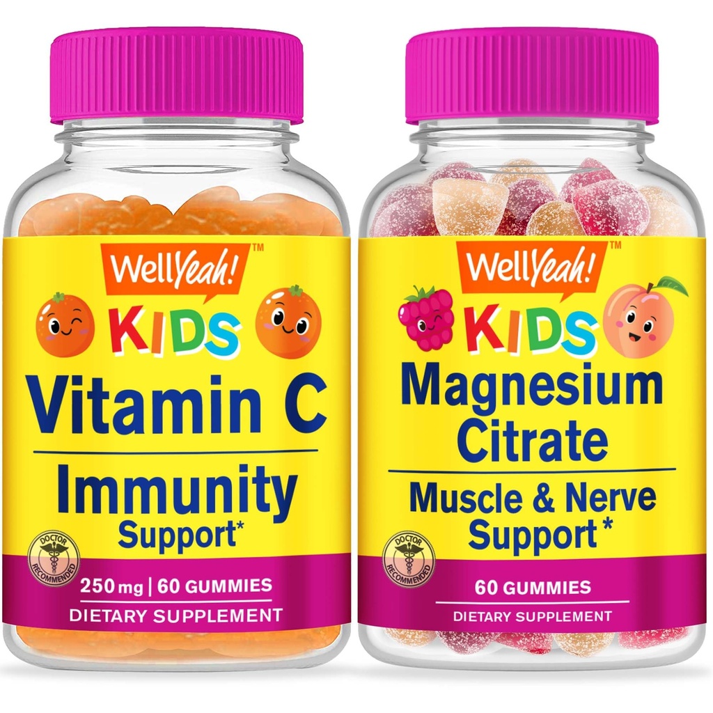 WellYeah Vitamine C Kids + Magnesium Citrate Kids, Gummies Bundle - Grote Proeverij, Vitamine Supplement, Glutenvrij, GGO-vrij, Kauwbare Gummy