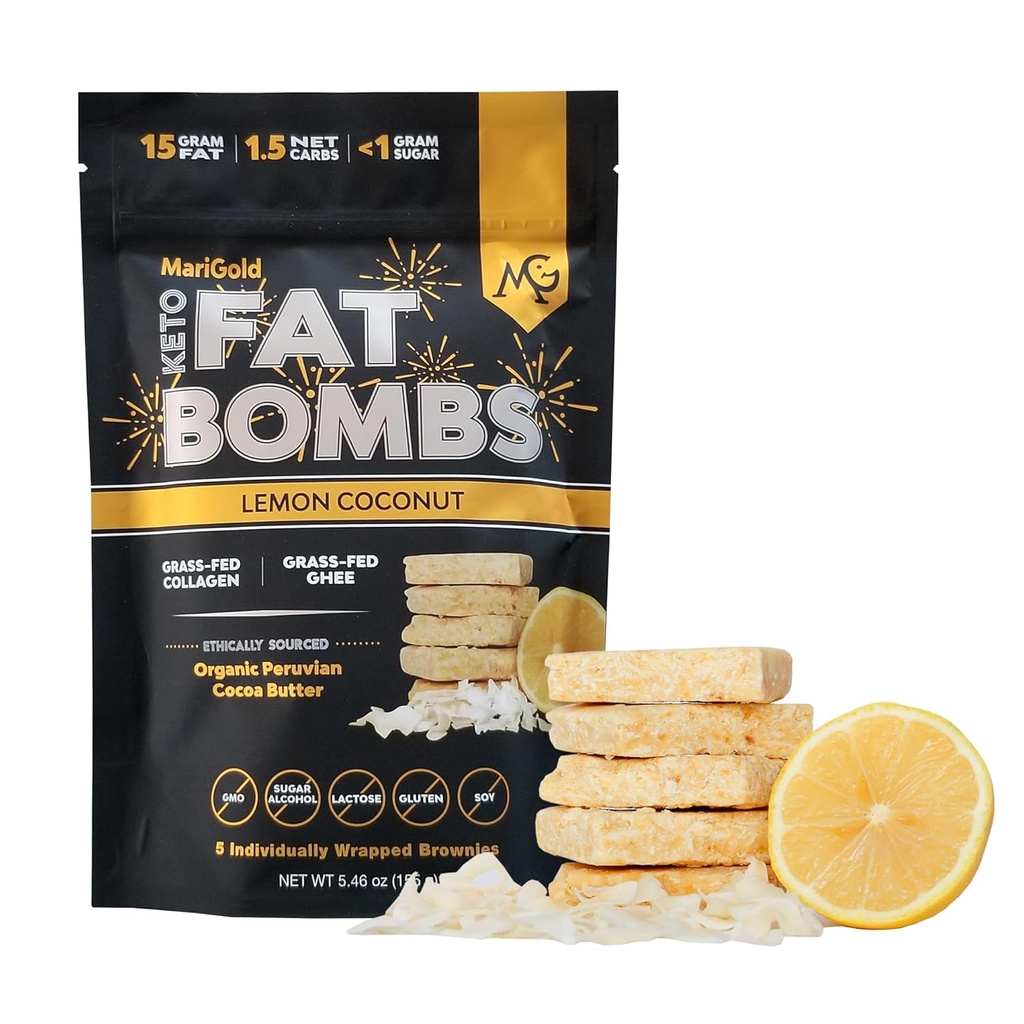 MariGold Keto Fat Bombs - Citroen Coconut - Low Carb, Collageen Rich, Grass-fed Ghee, Biologische Cacao Butter, Gluten-Free, Non-GMO (1 zak, 5 porties)