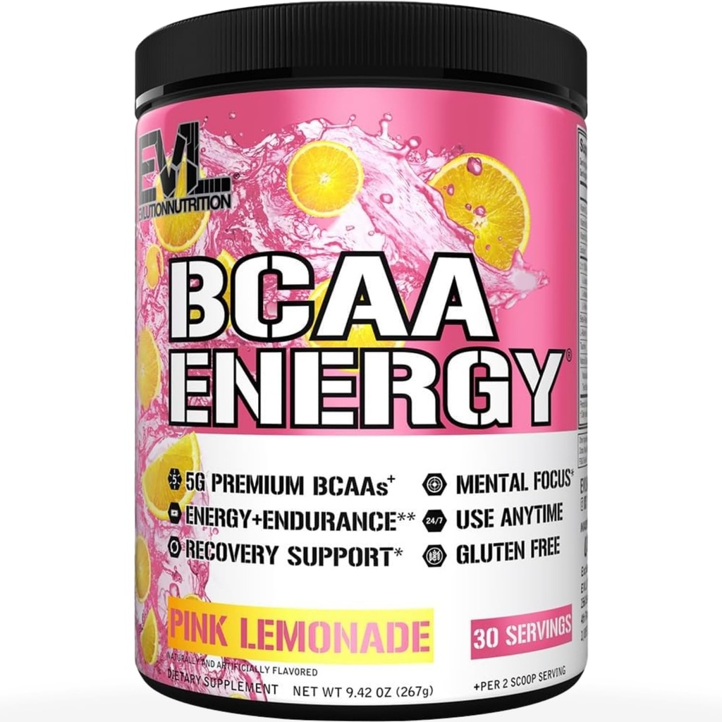 EVL BCAA's Aminozuren Poeder - BCAA Energy Pre Workout Powder for Muscle Recovery Lean Growth and Endurance - Rehydrating Post Workout Recovery Drink met natuurlijke cafeïne - Pink Limonade