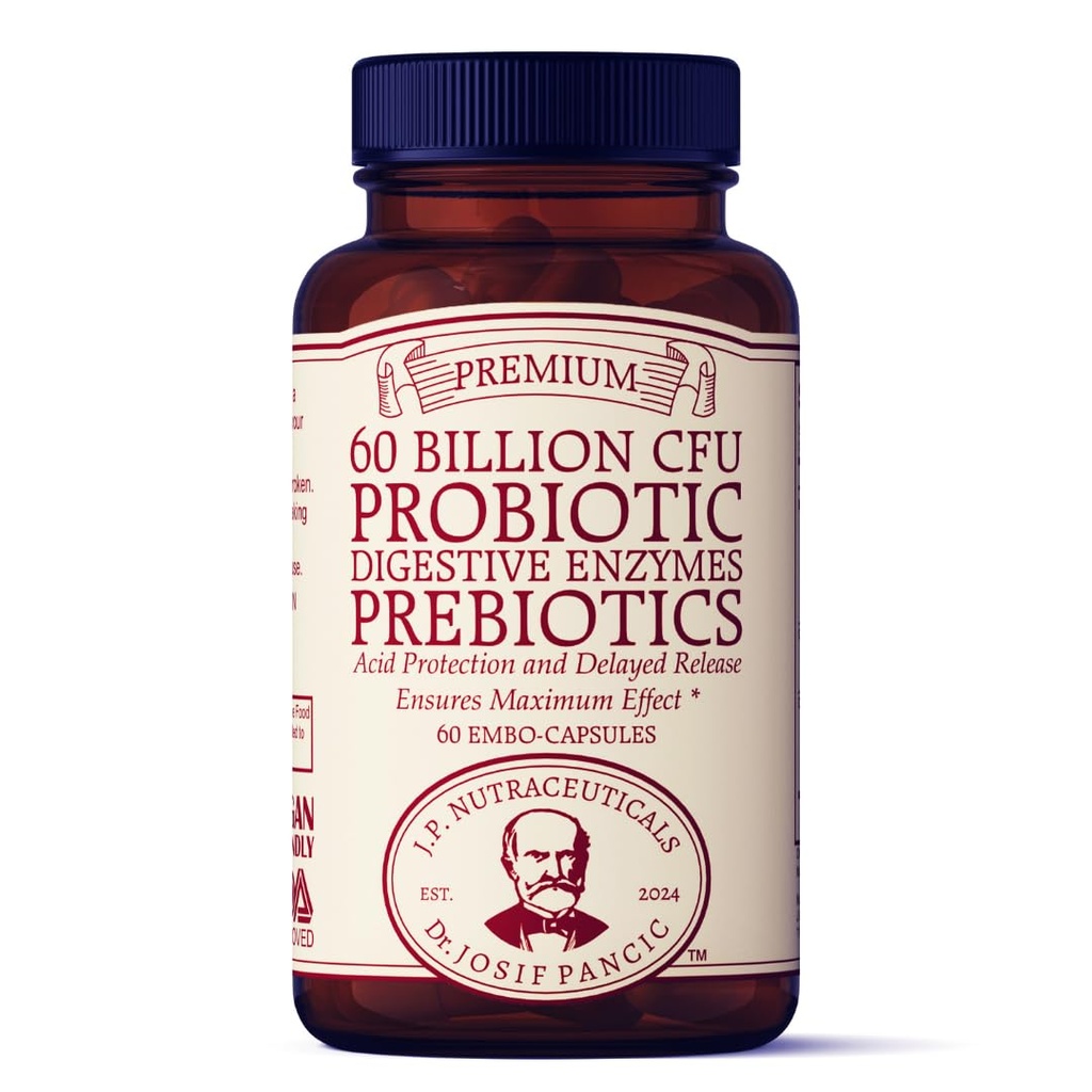 Probiotische en prebiotische supplement, 60 miljard CFU, spijsverteringsenzymen, zuurbescherming, vertraagde afgifte, 60 capsules, 60 dagen levering