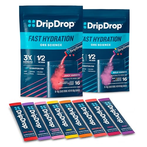 DripDrop Hydration - Electrolyte Powder Packets - Watermeloen, Berry, Citroen, Oranje, Fruit Punch, Druiven, Aardbei Lemonade, Kersen - 32 Tel.