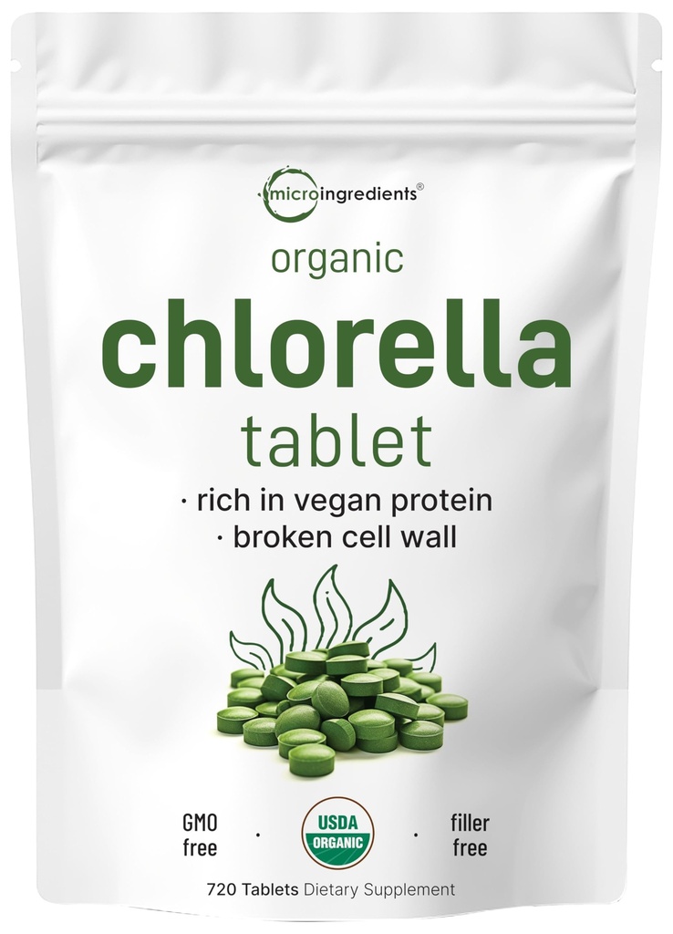Organische Chlorella tabletten, 500 mg per tablet, 720 tabbladen (360 gram), 4 maanden levering, gebroken celwand, rijk aan Vegan Proteïne en Vitaminen, Geen Filler, Geen Additieven & Non-GMO Pure Green Algen Superfood
