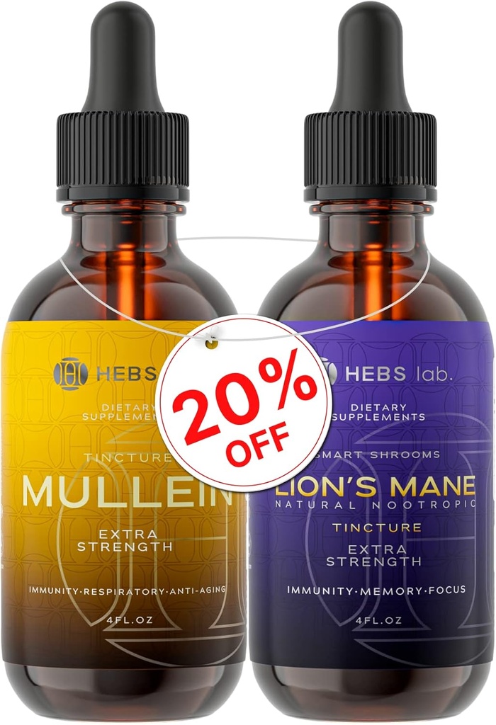 Bundel - Mullein Leaf Extract & Lions Mane Mushroom Supplement - Respiratory Support & Hersenondersteuning