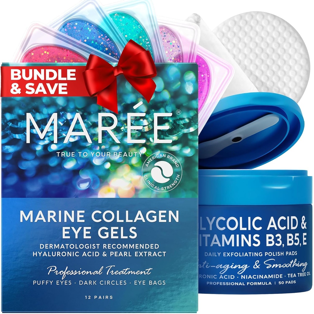 MAREE Skincare Bundle - Eye Gels, Facial Polish - Under Eye Gels for Puffy Eyes & Dark Cirkels - Glycolic Acid Peel Pads - Marine Collageen & Hyaluronic Acid - Salicylzuur & Vitaminen E, B3, B5