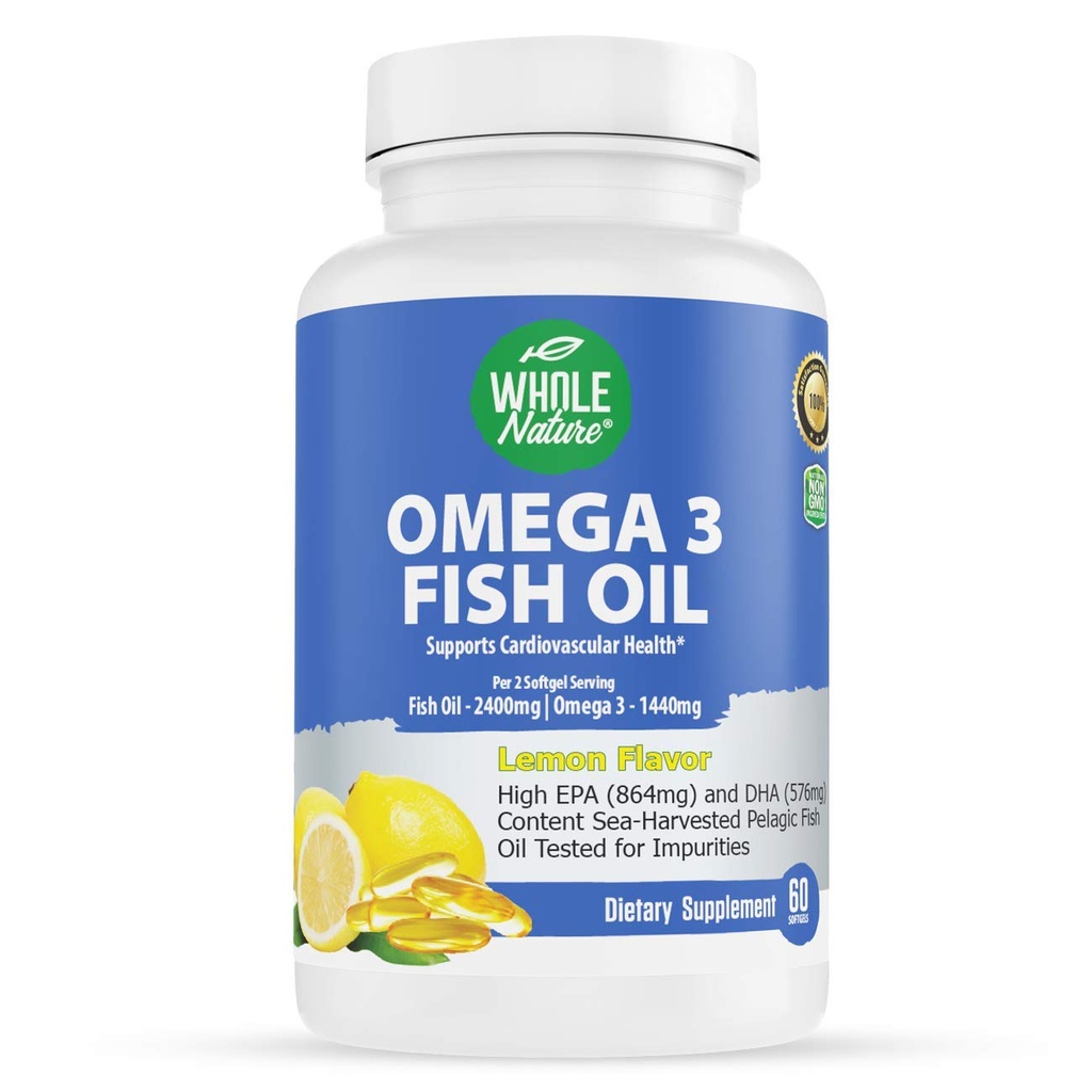 Omega 3 Visolie Supplementen, Maximale sterkte 2400 mg Omega-3, 1440mg Visolie, EPA DHA vetzuren, Hart Gezondheid, Visie, Oog, Hersenen, Immuun Ondersteuning voor Vrouwen & Men. Natuurlijke Citroen smaak, 60 ct (1)