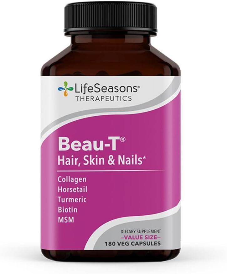 LifeSeasons Beau-T - Hair, Nail, & Skin Supplement - Bevordert gezonde haar- en nagelgroei - Ondersteunt Heldere huid en gevechten Acne - Nagelversterker - Bevat Biotin Collagen Kurkuma - 180 capsules