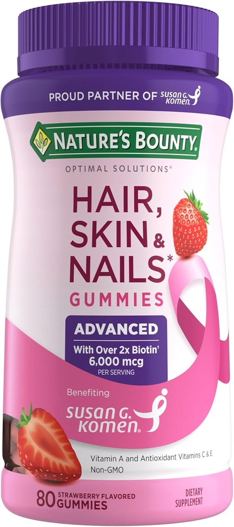 Nature's Bounty Optimale oplossingen Geavanceerd haar, huid, nagels, 2X Biotin, 80 Aardbei Gummies, 40 Totaal porties