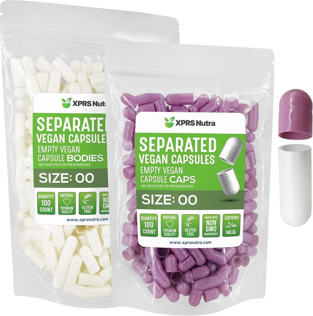 XPRS Nutra Vegan Maat 00 Gescheiden Capsules - 100 Tel Premium Lege Capsules Gescheiden in zakken - 00 Pillen Leeg voor DIY supplement vullen (Lavendel/Wit)