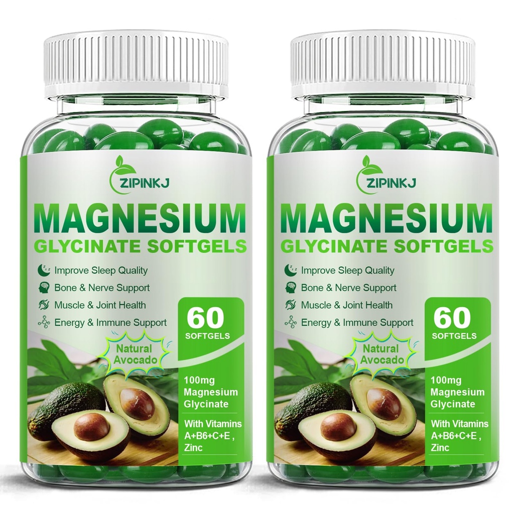 Hoge Absorptie Magnesium Glycinate Softgels, Magnesium Supplementen 400mg met zink, vitamine E, B6 voor vrouwen Mannen, verbeteren Slaap, Spierontspanning & Bone Health, Glutenvrije, Non-GMO, 2 Pack