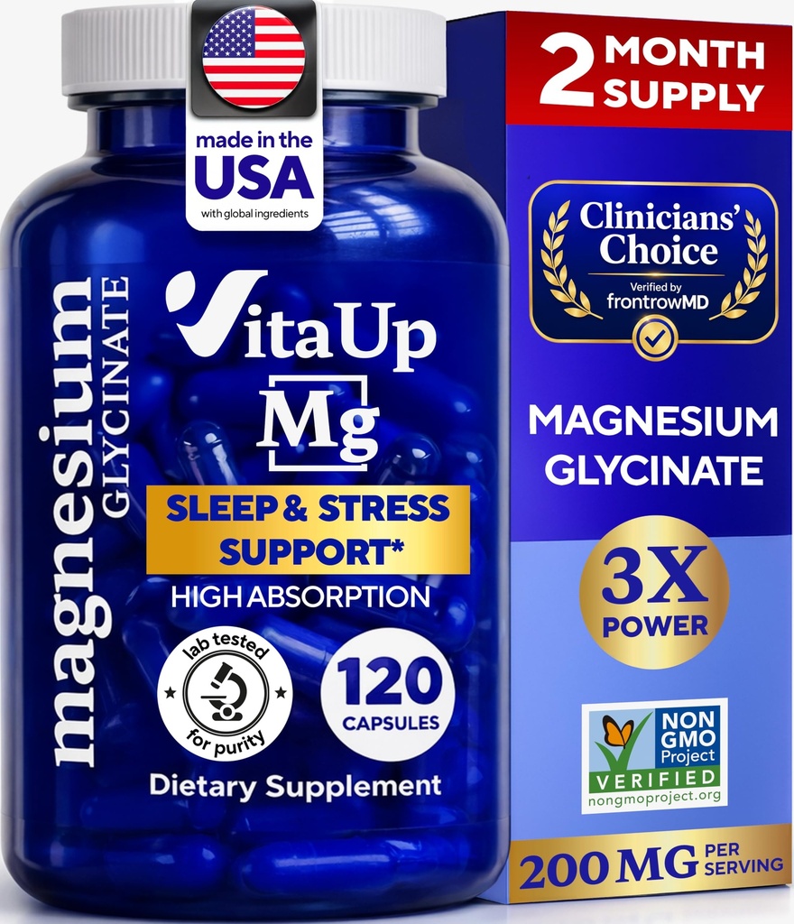 Magnesium Glycinate 200mg - USA Made Magnesium Supplement for Sleep, Heart, Bones, Metabolisme Support - Hoge Absorptie Magnesium Bisglycinate Capsules - 120 Vegan Chelated Capsules