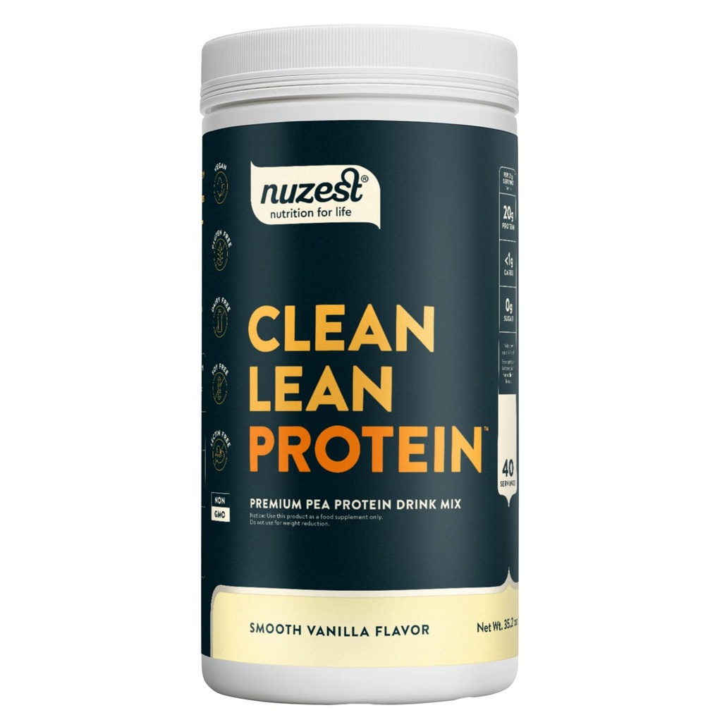 Nuzest - Pea Protein Powder - Clean Lean Protein, Premium Vegan Plant Based Protein Powder, Dairy Free, Glutenvrij, GGO-vrij, Proteïne Shake, Gladde Vanille, 40 Servers, 2,2 lb