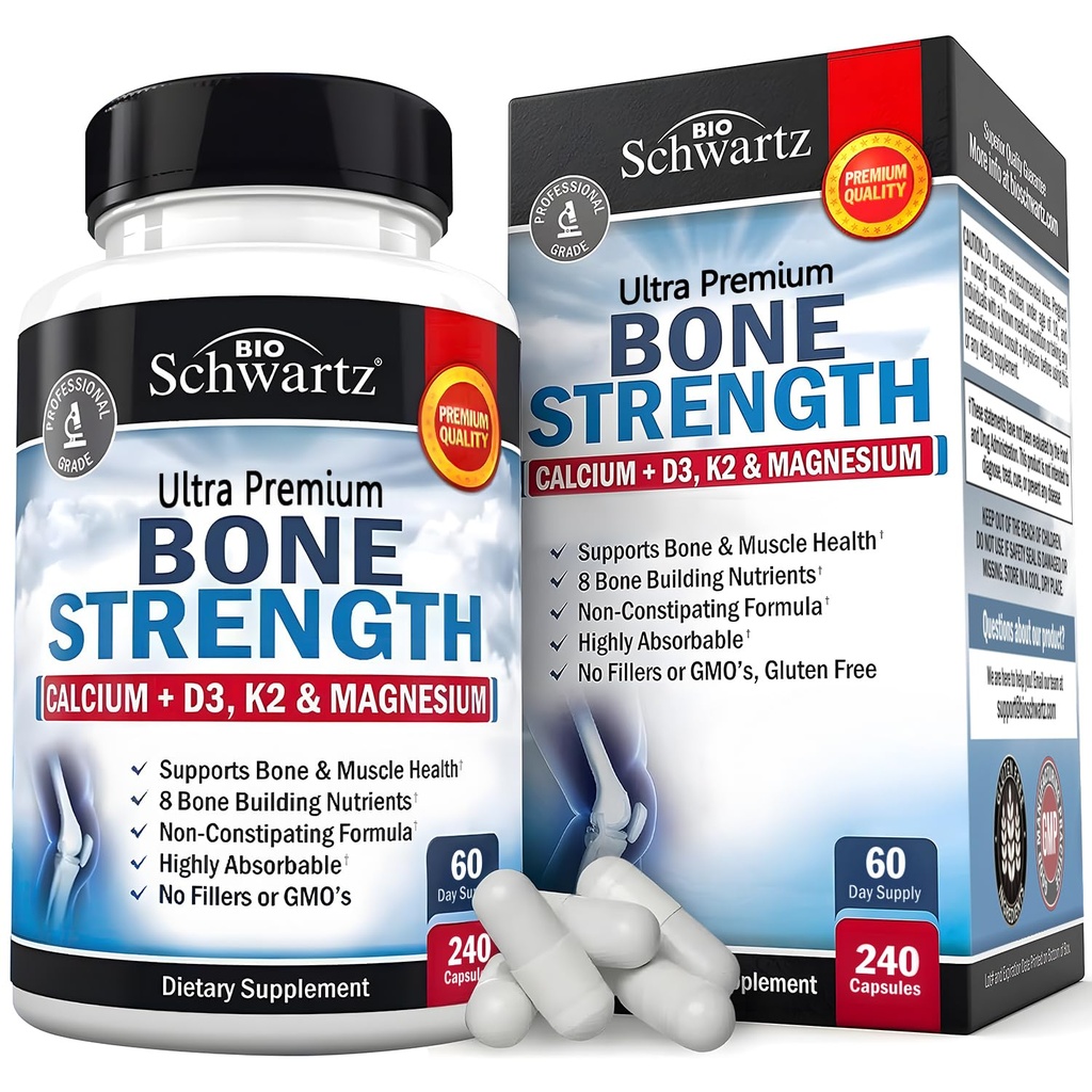 BioSchwartz Bone Strength Supplement - Gentle Non-Consipatie Bone Health Supplement voor vrouwen en mannen met 9-in-1 complex met Calcium Magnesium Zink D3 K2 & More - 3rd Party Getest - 2 maanden