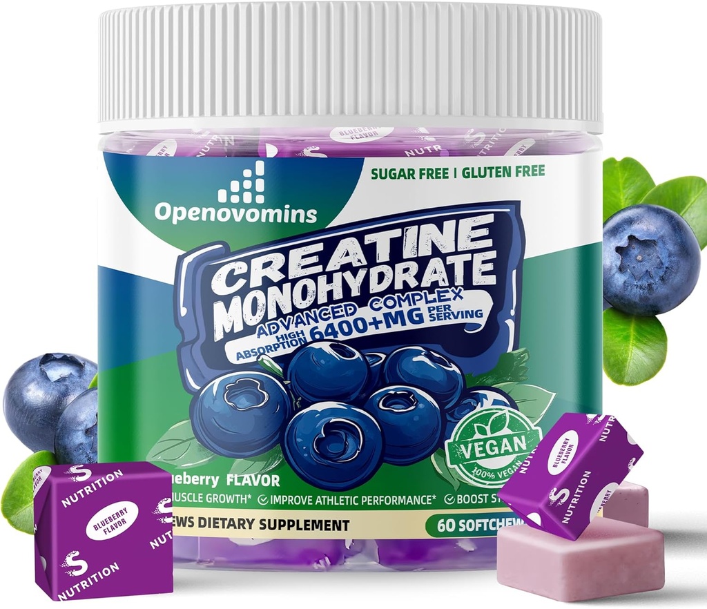 Creatine Monohydraat Zachte Kauwen Complex 6400 mg voor mannen en vrouwen - Geavanceerde Formule W/L-Taurine + Vitamine B12, Suikervrije Kauwbare Supplement,60 Blueberry Softtchews