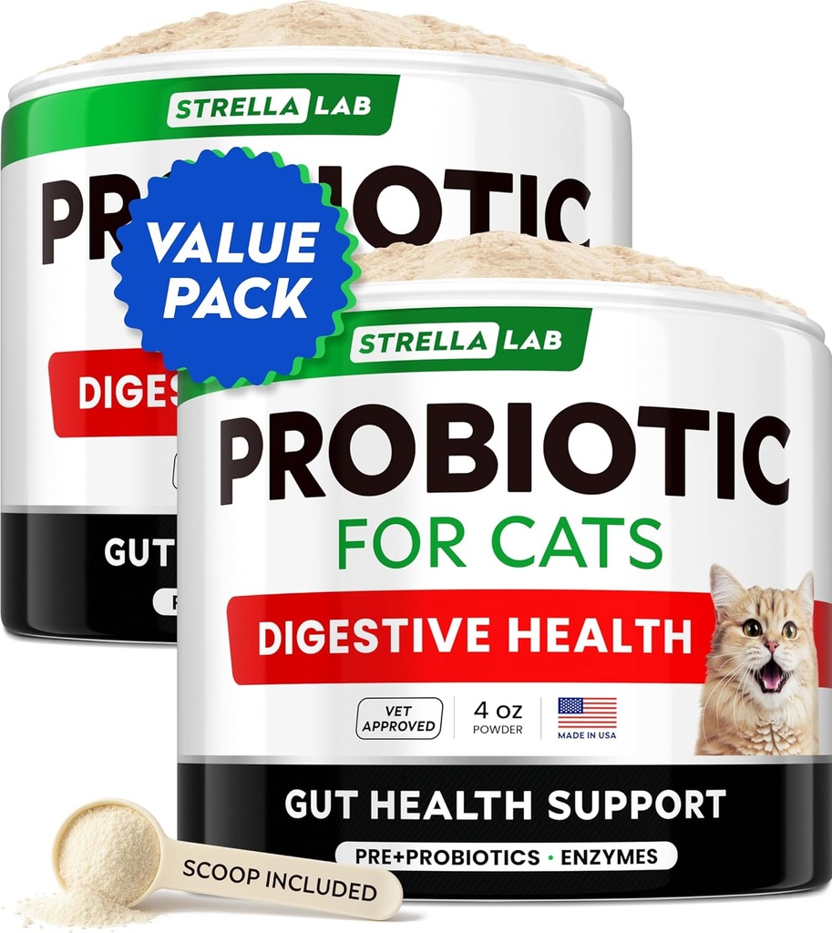 StrellaLab Cat Probiotic Powder - Probiotica voor katten met diarree - Gemakkelijk te mengen poeder - Cat Probiotica voor binnen katten, Gezondheid Supplies Food Supplement, Digestieve Ondersteuning (8 oz / stapel van 2)