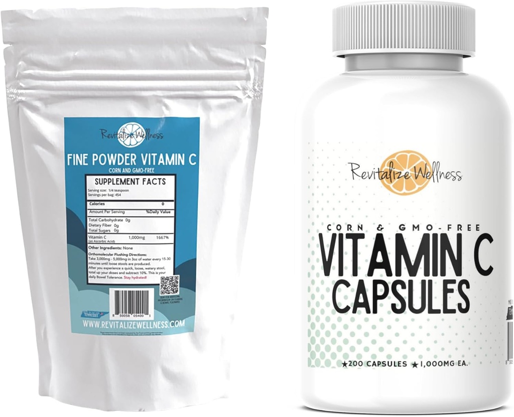 Bundel, Fine Powder Vitamin C, 454 porties, en vitamine C Capsules, 200 capsules