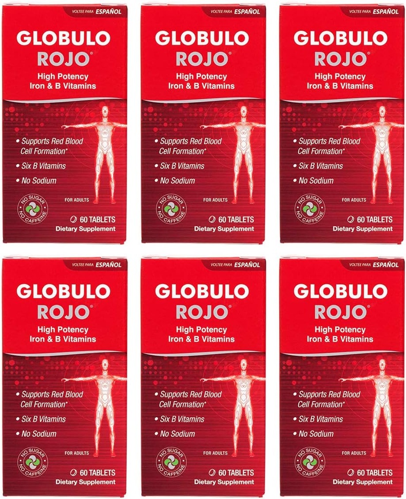 Globulo Rojo IJzersupplement - Dieetsupplementen Pillen met hoge sterkte ijzer & B Vitaminen, 60 tabletten - 6 verpakkingen
