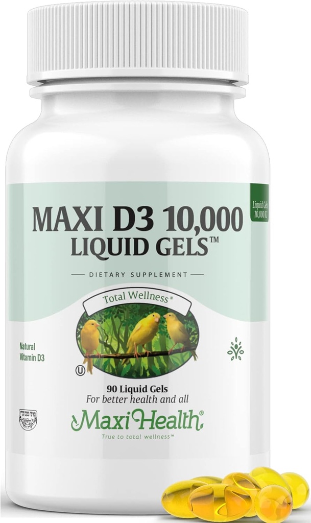 Maxi Health Vitamin D3 10000 IE Softgels Supplement - Pure VIT D3 for Calcium Absorptie, Immune Health and Bone Support for Adult Women & Men - Vitamina D - Liquid D3 10000 IE Softgels (90)