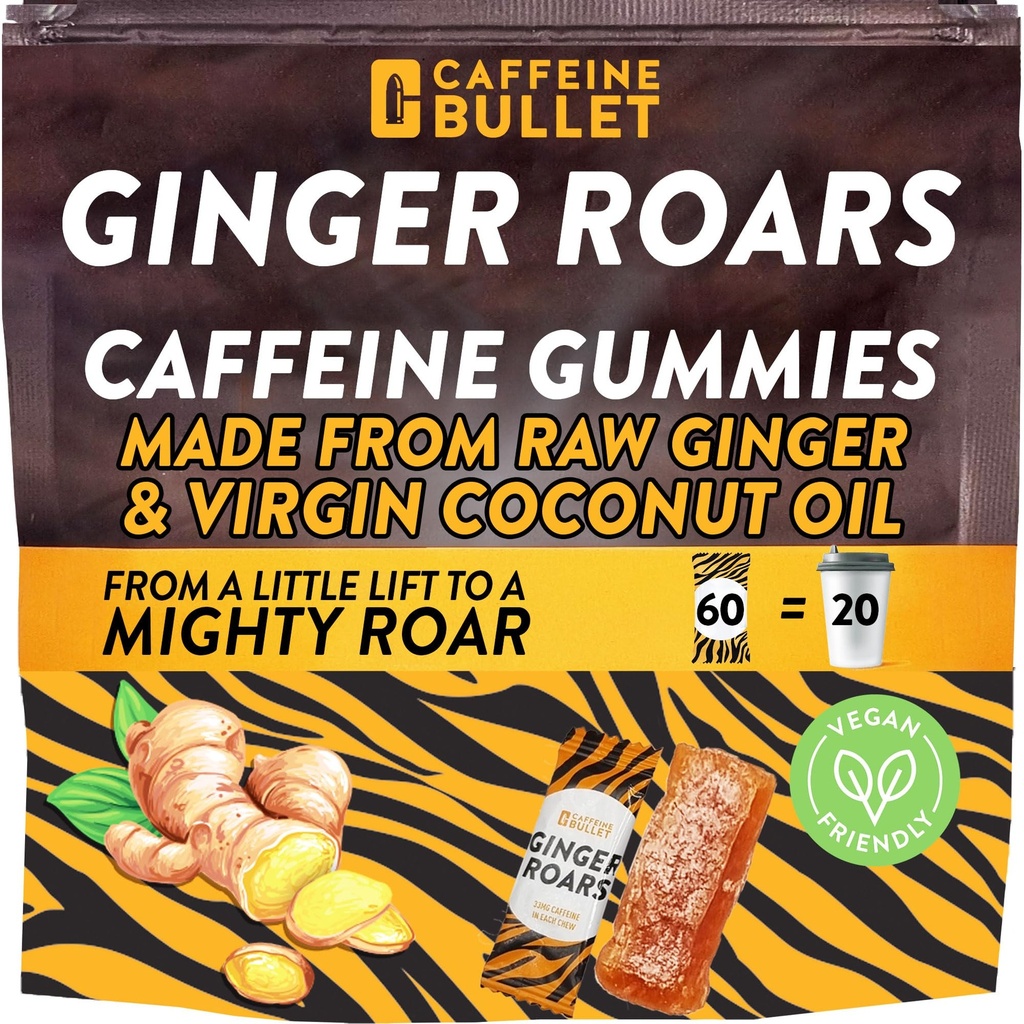 Ginger Roars - 60 Energy Gummies - Vegan Cafeine Chews Elke 33mg, gemaakt met een smakelijke, natuurlijke vurige kick voor verbeterde hardlopen, fietsen, preworkout & Focus.