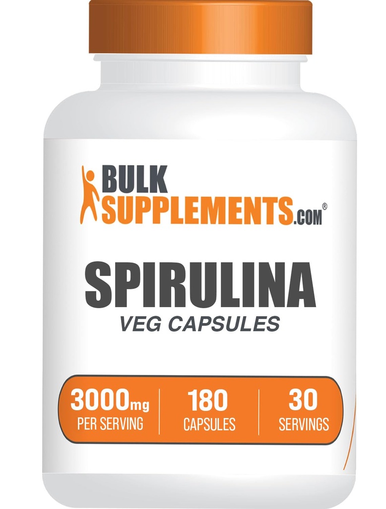 BulkSupplements.com Spirulina Capsules - Green Superfood Supplement, Spirulina Supplement - Vegan, 6 Capsules per Serving, 180 Tellen (Pack of 1)