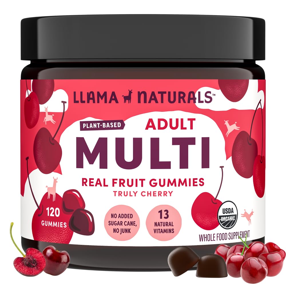 Llama Naturals Multivitamine voor vrouwen en mannen, Veganistisch, Biologische Gummies met vitamine D, C en K, Volwassenen Real Fruit Gummy Vitaminen, Kauwbare Multivitamine Supplement, Geen Toegevoegd Suiker Cane, Cherry, 120 Ct