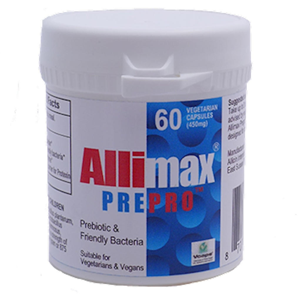 ALLIMAX Pre Pro - 60 Caps. Gestabiliseerde allicine Plus prebiotica, probiotica en spijsverteringsenzymen.