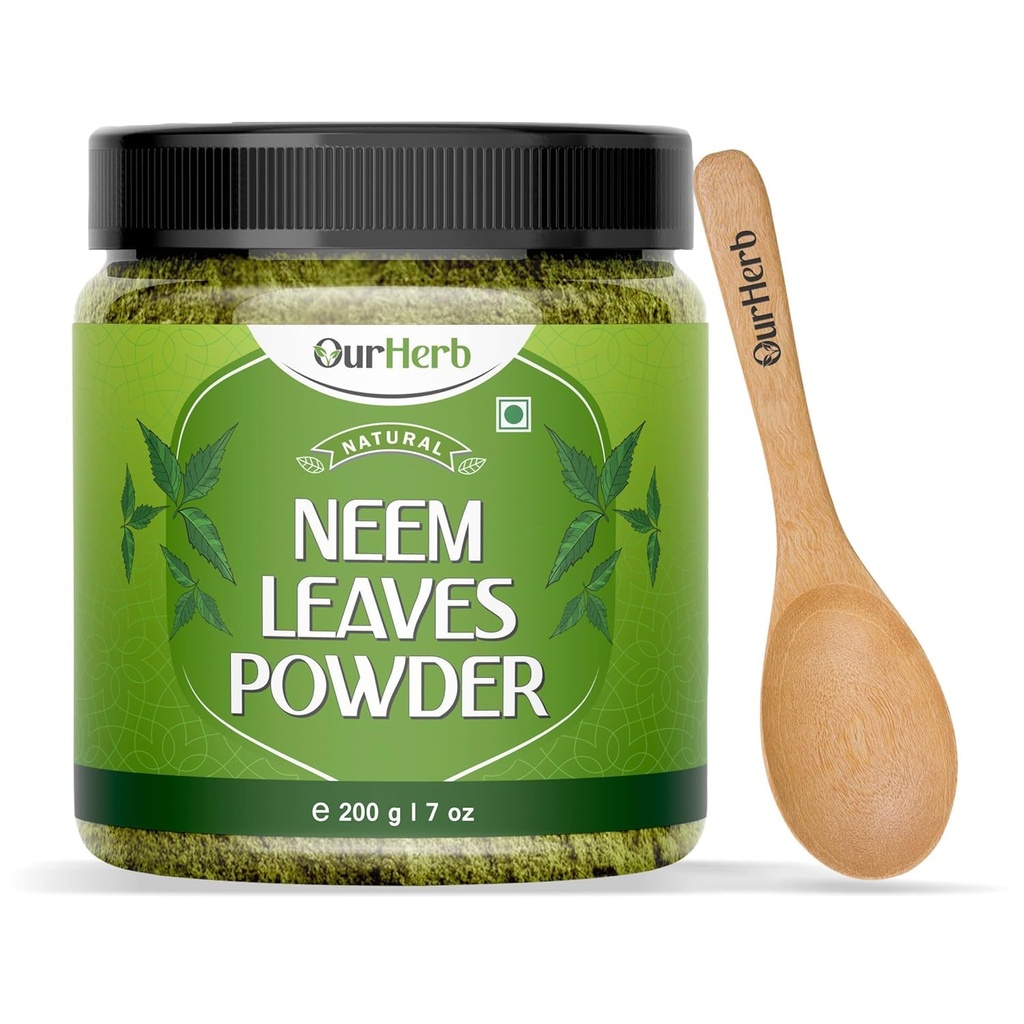 Pure Neem Leaves Poeder Natuurlijke oplossing voor pumple-free Clear Skin & Silky Hair, ideaal voor gezichtspakketten, haarverzorging en pigmenten ondersteuning met houten lepel 