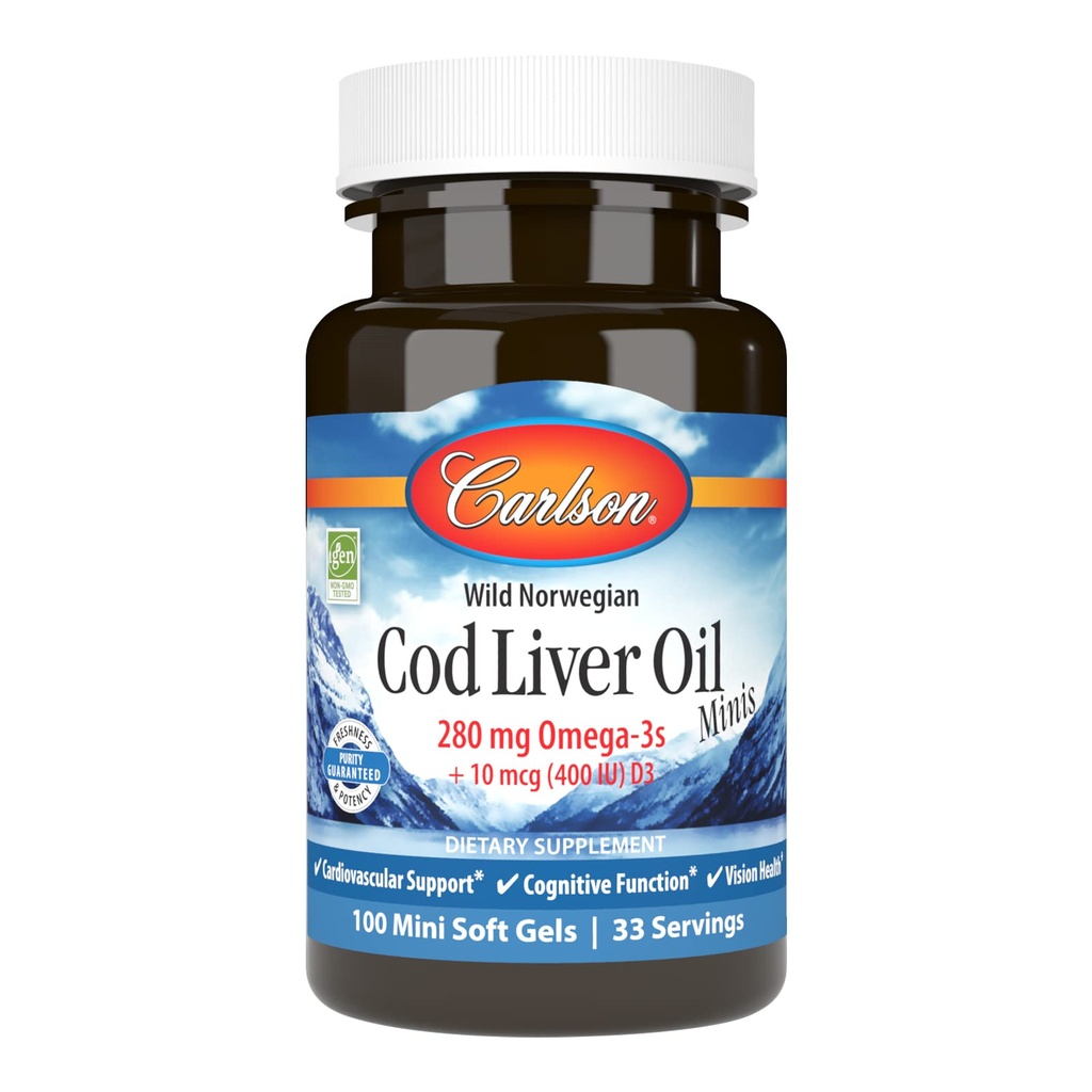 Carlson - Cod Liver Oil Minis, 280 mg Omega-3s + Vitaminen A & D3, Hartondersteuning & Cognitieve functie, Vision Health, 100 Mini Softgels