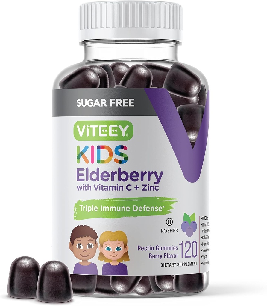 Viteey Sambucus Vlierbessen Gummy's voor kinderen - Suikervrij - Immuun Ondersteuning Supplementen met Vitamine C & Zink, [3-1 Immuun Booster] Veganistisch, Gelatinevrij, Glutenvrij - Smakelijk Kauwbare Berry Flavored