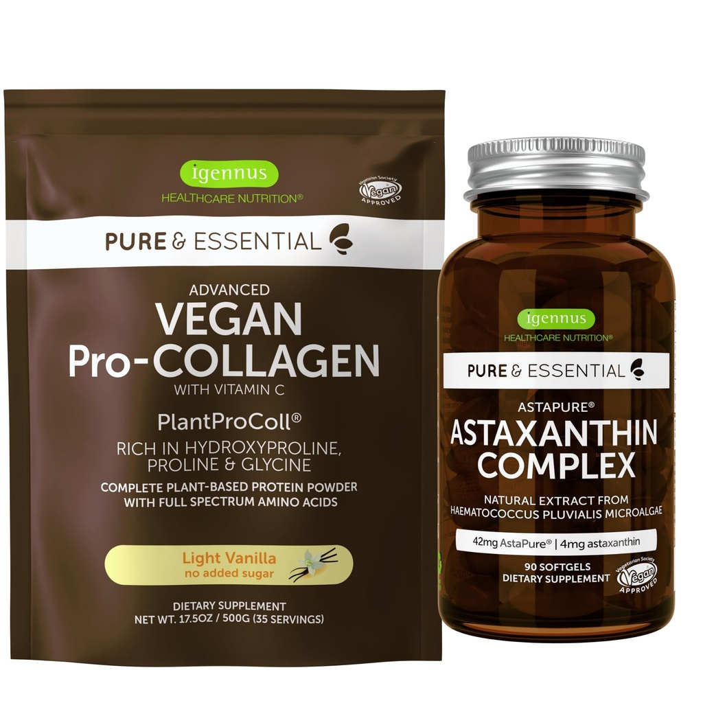 Vegan Vanilla Collageen Proteïne Poeder + Astaxanthine Complex Vegan Bundle, Collageen Boosting Formula + Natural 4mg H. Pluvialis Astaxanthine voor haar, huid en nagels, door Igennus