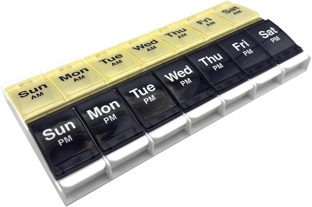 EZY DOSE Push Knop (7 dagen) Pill Case, Medicine Planner, Vitamine Organizer, 2 keer per dag, AM/PM Container, X-Large Compartments, Artritis Vriendelijk, Gemakkelijk te gebruiken, Duidelijke deksels, Blauw/Geel, BPA Vrij