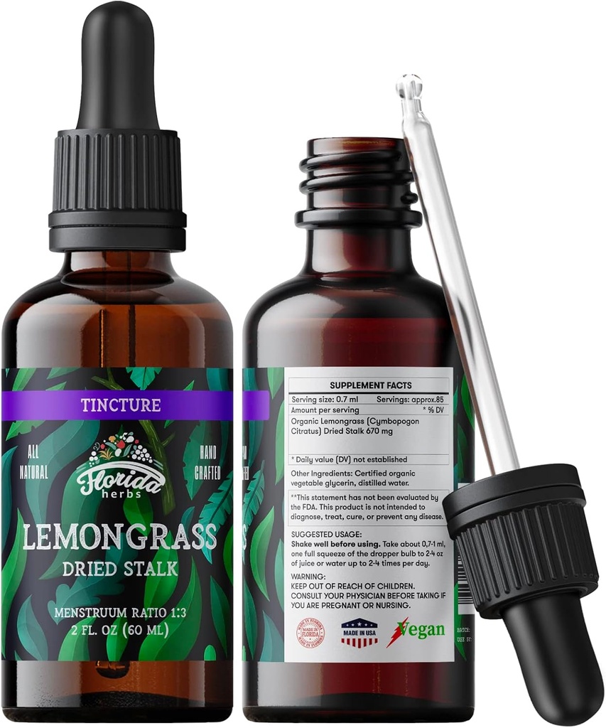 Citroengras Tinctuur, Organisch Citroengras Extract (Cymbopogon Citratus) Kruidensupplement, Niet-GMO in Cold-Pressed Biologische Plantaardige Glycerine, 700 mg, 2 oz (60 ml)