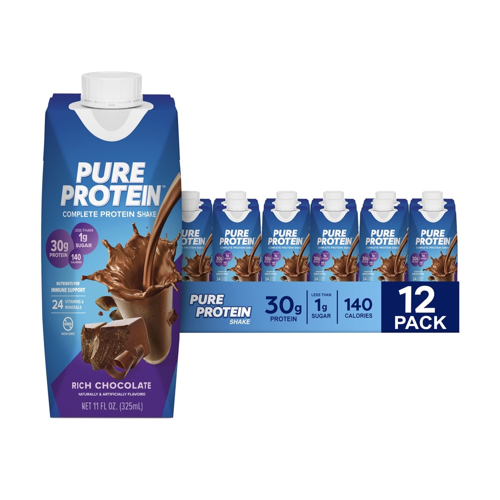 Pure Protein Chocolate Proteine Shake, 30g Complete Protein, Klaar om te drinken en Keto-Friendly, Vitaminen A, C, D, en E plus Zink om Immune Health te ondersteunen, 11oz flessen, 12 Pack
