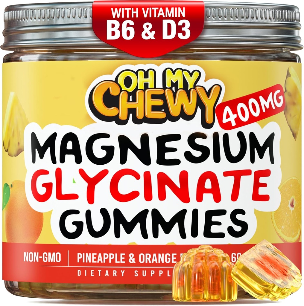 Gecentreerde Magnesium Glycinate Gummies 400MG - Hoge Absorptie voor kinderen, tieners en volwassenen - Supplement voor slaap, rust en spierontspanning met B6 & D3 - Glutenvrij en Veganistisch vriendelijk - 60 Tel.