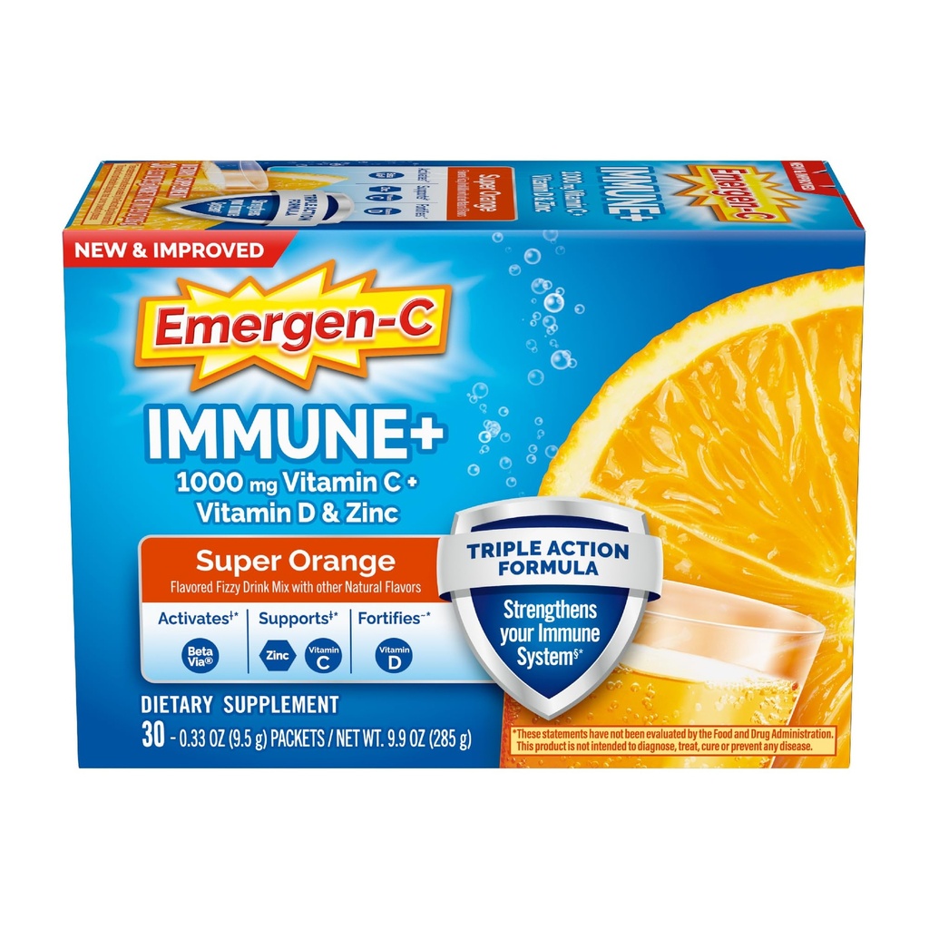 Emergen-C Immune+ Triple Action Immune Support Powder, BetaVia (R), 1000mg Vitamin C, B Vitamins, Vitamin D and Antioxidants, Super Orange – 30 Count