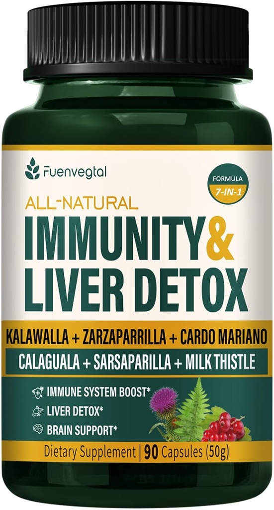 Jamaican Sarsaparilla Root Immunity & Liver Detox Cleanse Capsules, Skin Health & Immune Support Supplement with Kalawalla Milk Thistle. Zarzaparrilla y Cardo Mariano para el Higado Graso. 90 Caps