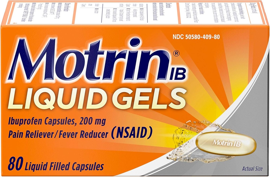 Motrin IB 200 mg Ibuprofen Liquid Gel Pain Reliver/Fever Reducer for Aches & Pain, 80 ct