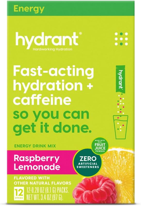 Hydratant - Energie Electrolyte poeder, Raspberry Limonade smaak, 12 Cafeïne & L-Theanine energie rehydratatie Stick Packs - Low Sugar Energizing Powder voor dagelijks gebruik