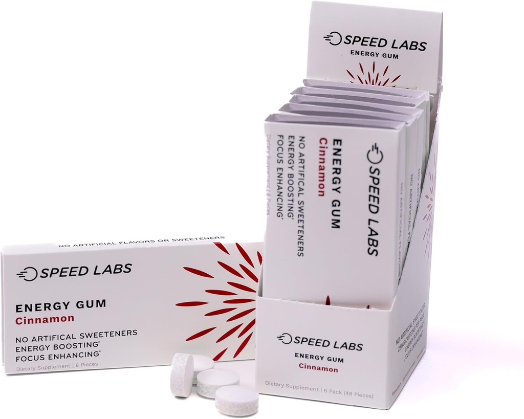 Speed Labs Cinnamon Natural Cafeïne Energy Gum 25mg Cafeïne, Taurine, B Vitaminen per stuk, 48 stuks (6 verpakkingen van 8) Suikervrij, Zero Calorieën, Natuurlijk Gezoet, Glutenvrij