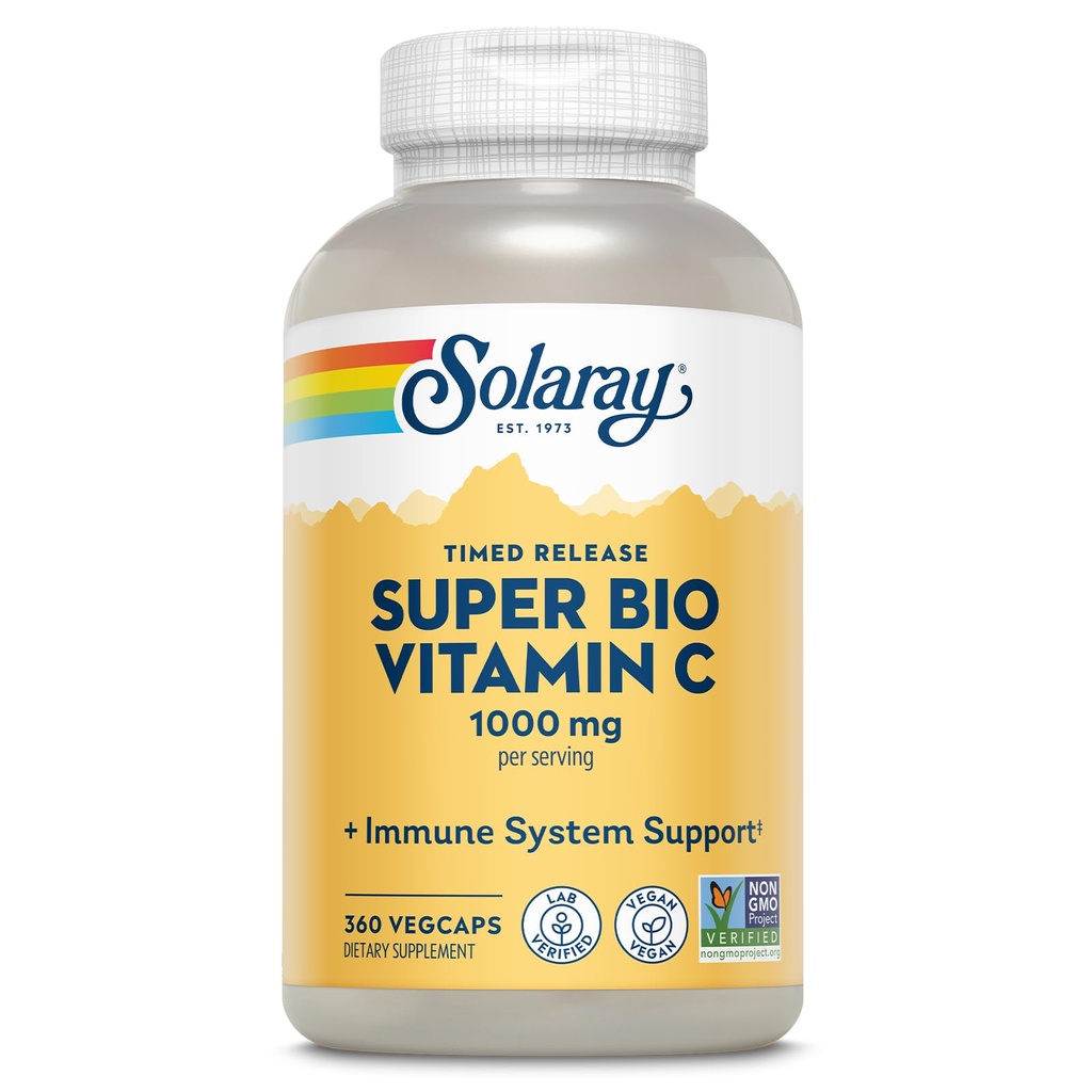 SOLARAY Super Bio Buffered Vitamine C 1000mg, Two-Stage, Getimed Release Vitamine C met Bioflavonoïden, Immune Support Supplement - Hoge Absorptie, Vegan, 60 dagen garantie, 180 porties, 360 VegCaps 180