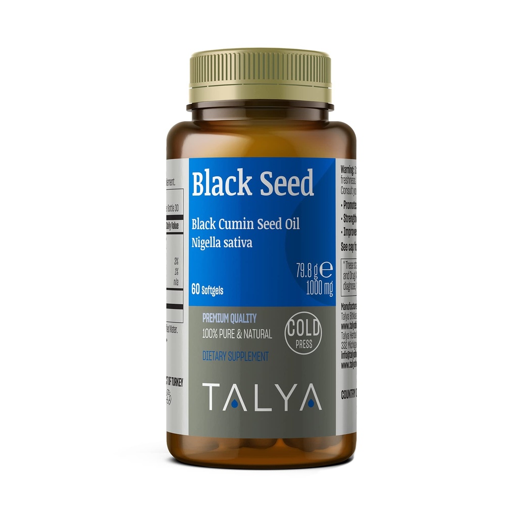 TALYA Black Seed Oil Softgel met hoge Thymochinon - Immune Support - Digestieve Gezondheid - Hersenfunctie - Gezamenlijke Mobiliteit - Cold-Pressed van niet-GMO Turkse zwarte komijn Nigella Sativa Zaden